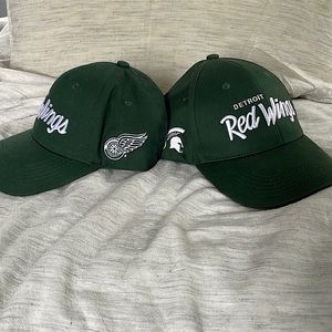 Two Redwings x MSU baseball hats